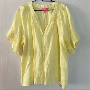 Lilly Pulitzer Tayla Yellow Linen Blouse Women’s Size XL Ruffle Sleeve Top